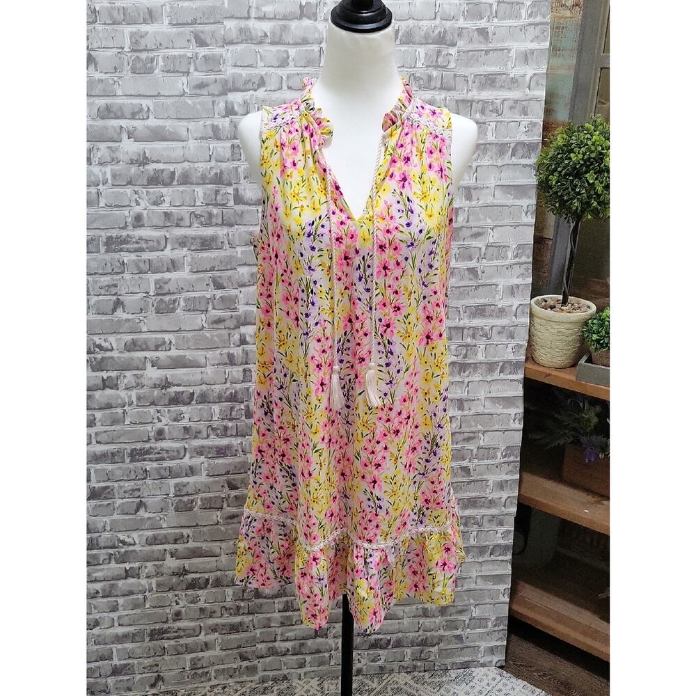 crown & ivy Yellow Ans Pink Floral Sleeveless Mini Dress Womens S, Rope Tassel.